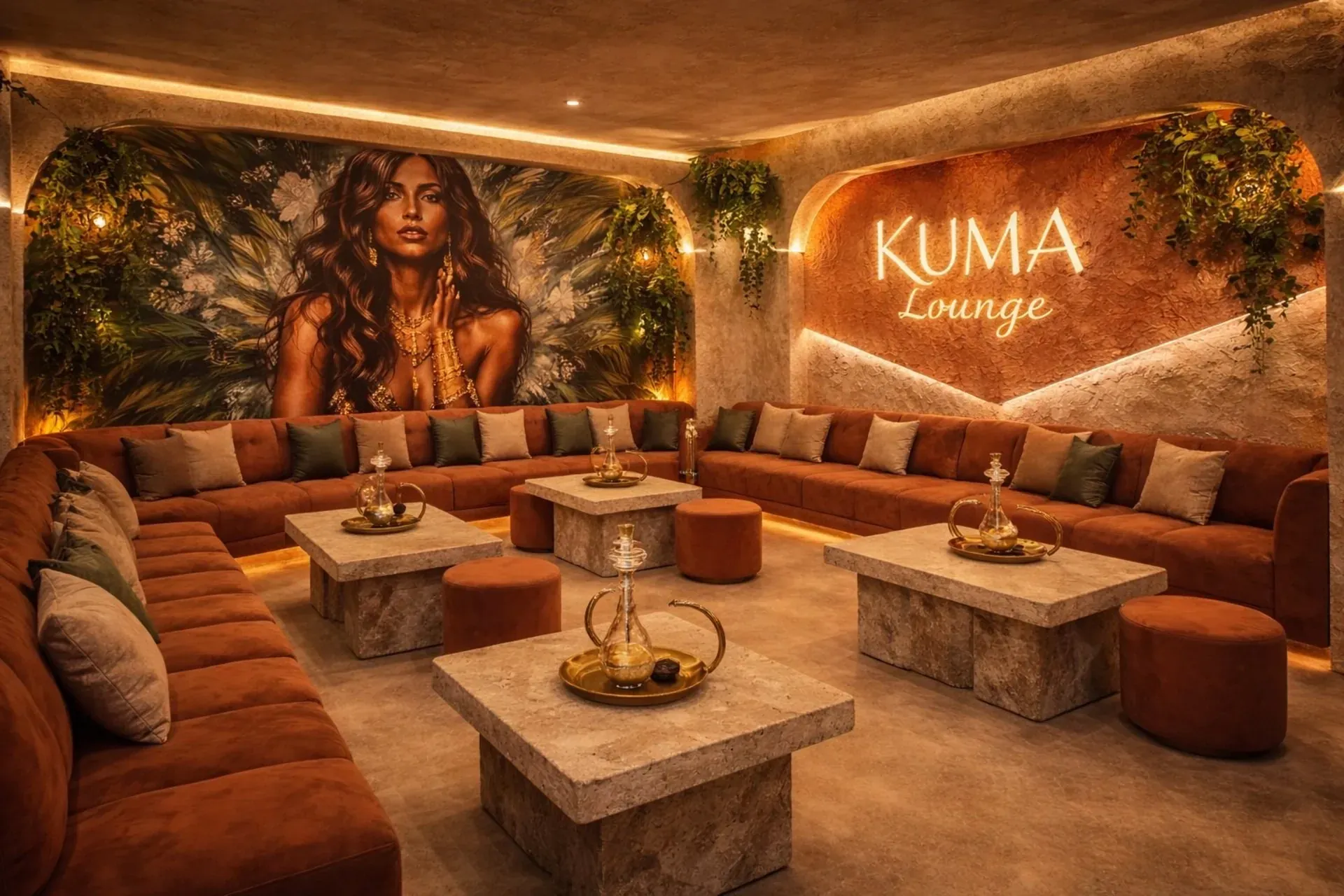 Salle chaleureuse du restaurant Kuma Lounge à Guéliz, Marrakech, le soir